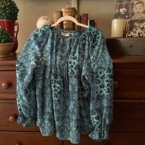 Sheer Blue Peasant style blouse with gathered neck and quarter length sleeves